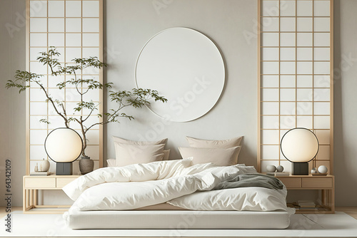 Mock-up of a Japandi bedroom in white and bleached colors. Japanese minimalist interior design with copy space and a bed with cushions. Generative AI