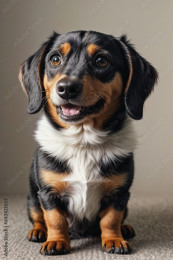 Studio Portrait of an Adorable Dachshund Puppy in the Spotlight, be enchanted by the undeniable cuteness of this furry little friend and his irresistible visual appeal.