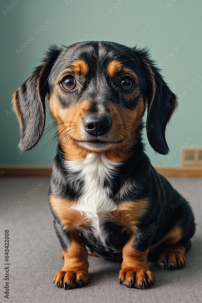 Studio Portrait of an Adorable Dachshund Puppy in the Spotlight, be enchanted by the undeniable cuteness of this furry little friend and his irresistible visual appeal.