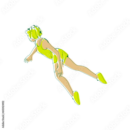 Lying woman. Sport girl illustration. Casual sportwear - t-shirt, breeches and sneakers. Young woman wearing workout clothes. Sport fashion girl outline in urban casual style.