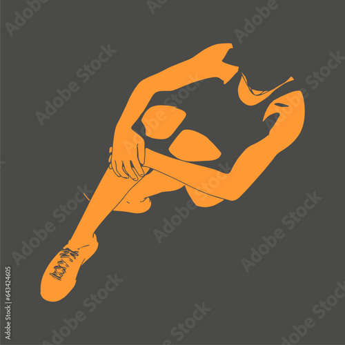 Unhappy woman sitting on floor and hug her knee, thinking about problems. Upset girl feeling lonely and sad, psychological and mental troubles. Suffering from bad relationship or break up