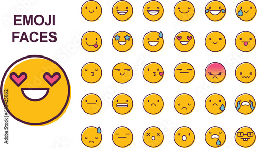 Different Types Of Emoji Or Emoticon Line Fill Art Icon Set. Icon Includes Such As: Smiling Face, Angry Face, Crying Face, Laughing Face, Unamused Face.