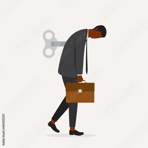 Concept Of Job Dissatisfaction. Low Energy Black Man With Winding Key At The Back Heading To Work. Full Length. Flat Design.