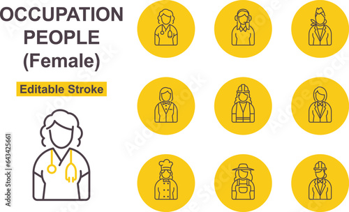 Various Types Of Occupation People Thin Line Art Icon Set - Female. Editable Stroke. Icon Includes Such As: Female Doctor, Flight Attendants, Waitress, Female Chef. Female Architect.