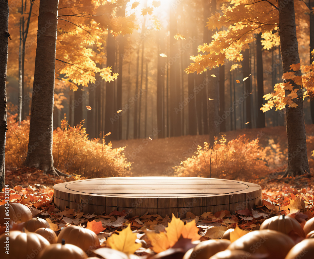 Φωτογραφία wooden podium mockup for cosmetics, products,perfumes or jewelry with autumn bac