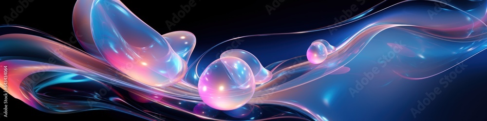 Pearlescent neon transparent waves and spherical bubbles for your background. AI Generation Pearlescent neon transparent waves and spherical bubbles for your background. AI Generation