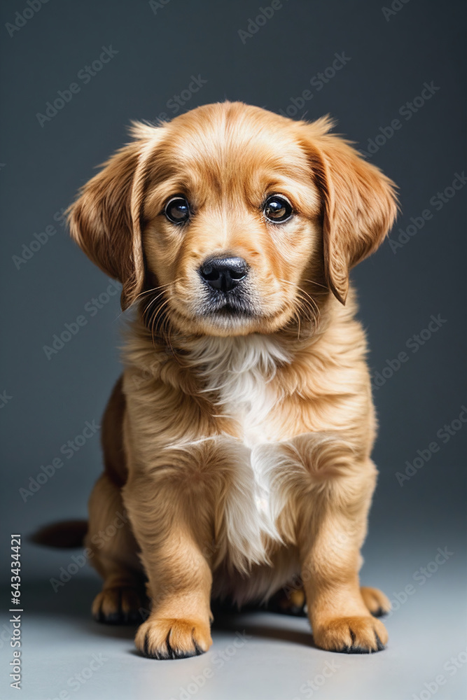 Studio Portrait of an Adorable Golden Retriever Puppy in the Spotlight, be enchanted by the undeniable cuteness of this furry little friend and his irresistible visual appeal.