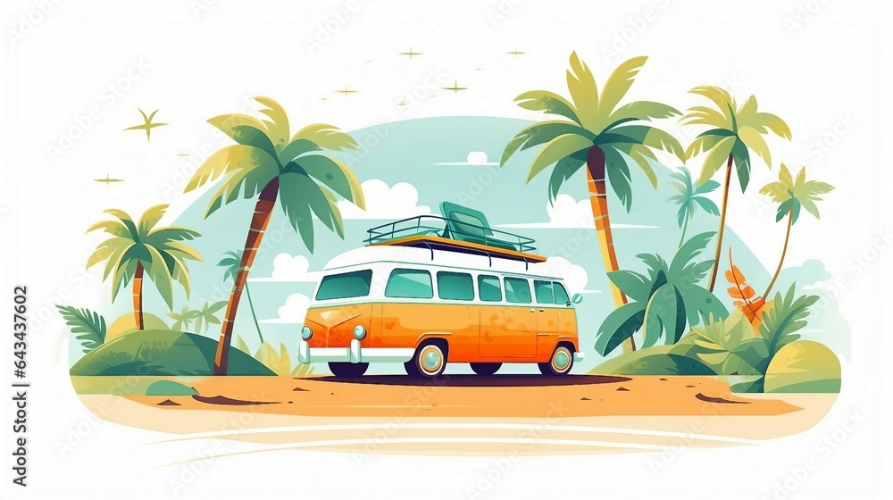 Van on the beach with palm trees illustration AI Generated