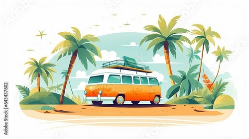 Van on the beach with palm trees illustration AI Generated © stocksbyrs