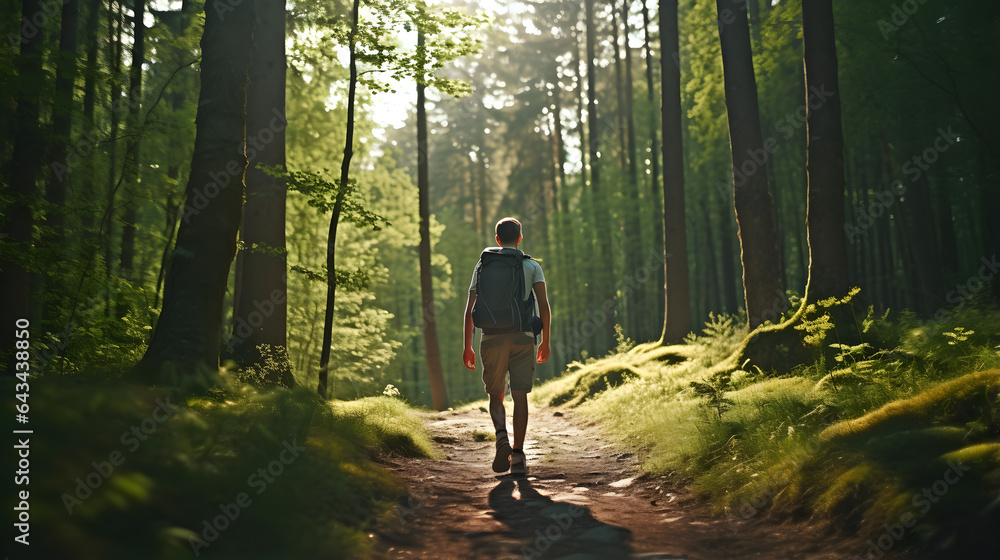 Obraz premium Back view of man hiking in the woods.