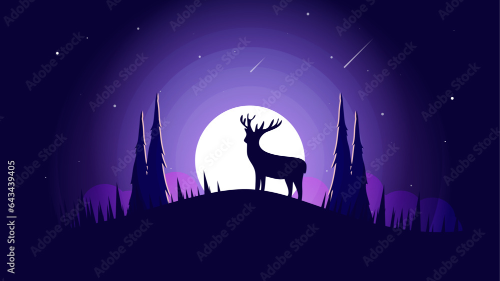 Deer silhouette with the night sky, moon, trees vector illustration