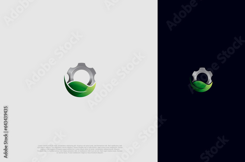 Modern  nature technology gear and d leaf,  agriculture logo, green eco tech, nature industry. Vector Illustration template
 