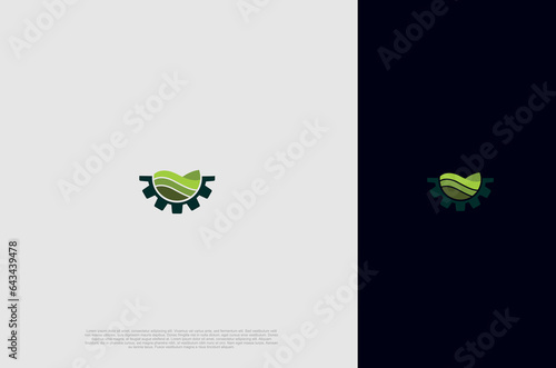 Modern  nature technology gear and d leaf,  agriculture logo, green eco tech, nature industry. Vector Illustration template
 