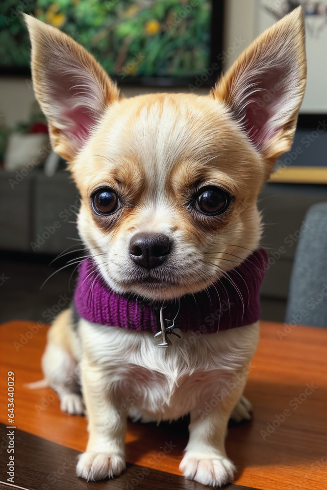 Studio Portrait of an Adorable Chihuahua Puppy in the Spotlight, be enchanted by the undeniable cuteness of this furry little friend and his irresistible visual appeal.