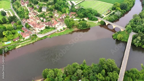 Drone shot, drone video, drone flight, aerial view, flight over the historic old town of Limeuil, view over the panoramic garden on the river Dordogne and Vezere, Nouvelle Aquitaine, Perigord photo