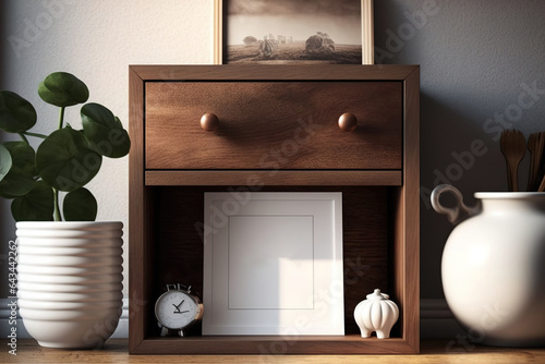 Modern wooden chest of drawers, frame mockup, expensive home interior design, renovation restructure concept architecture, wooden table top or shelf with a white coin-filled piggy bank,. Generative AI