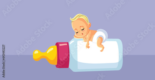 Happy Baby Sleeping on a Big Milk Bottle Vector Cartoon Illustration. Happy infant dozing off after feeding with formula
