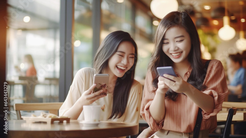 カフェで友達とスマホを見て笑う女性 Girls talking looking at smartphone in cafe
