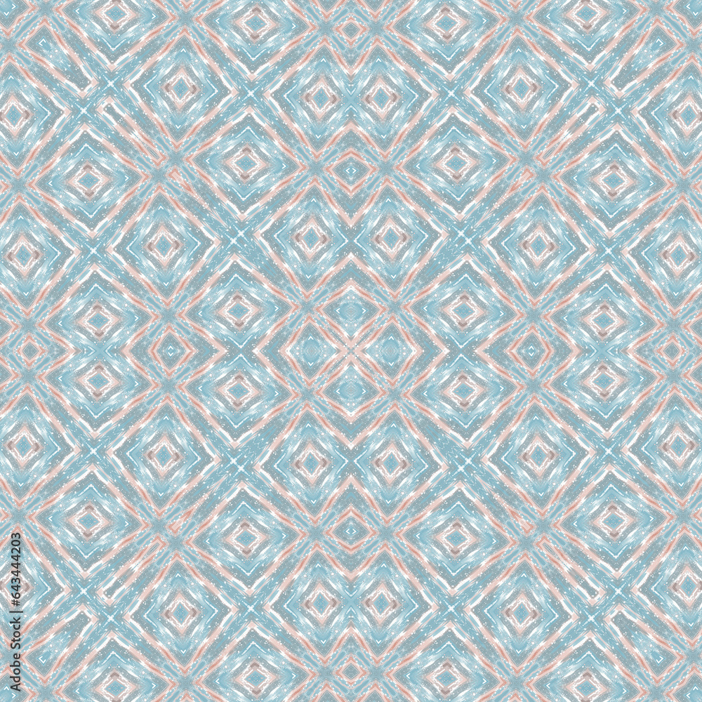 Seamless kaleidoscopic geometric pattern. Light turquoise, coral ornament.