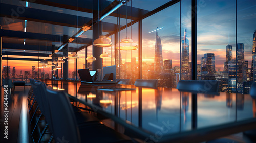 Office Space In A High-Rise Building. The Sunset Is Reflected In The Glasses And The Surface Of The Table. Illustration On The Theme Of Office Space And Business. Generative AI © MICHAEL KUK