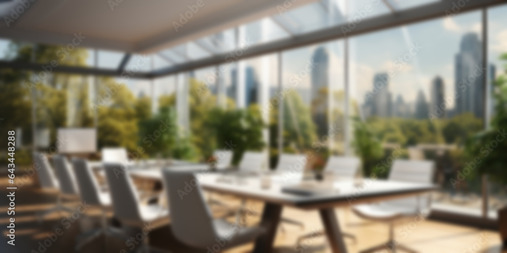 Blurred modern office with panoramic windows with a meeting table