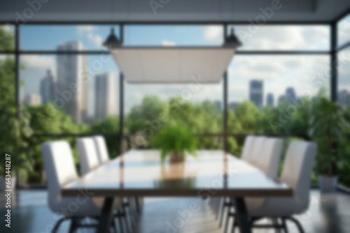 Blurred modern office with panoramic windows with a meeting table © Dinara