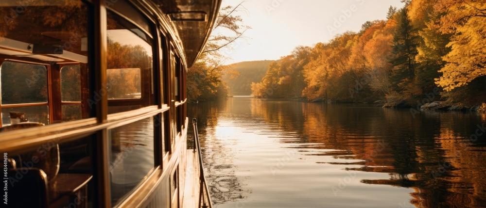 luxury boat ship,sail on the lake autumn  - obrazy, fototapety, plakaty 