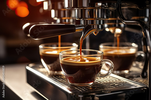 Aromatic Delights Capturing the Moment of Fresh Espresso Pouring from a Coffee Machine at a Cozy Coffee House. created with Generative AI
