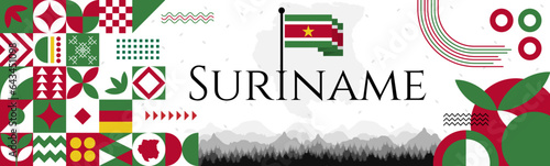 The Suriname Independence Day abstract banner design with flag and map. Flag color theme geometric pattern retro modern Illustration design. Green, white and Red color template.