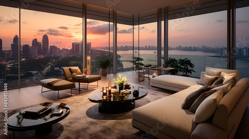 A spacious high-rise luxury living room with a sofa building top view © Vector Market