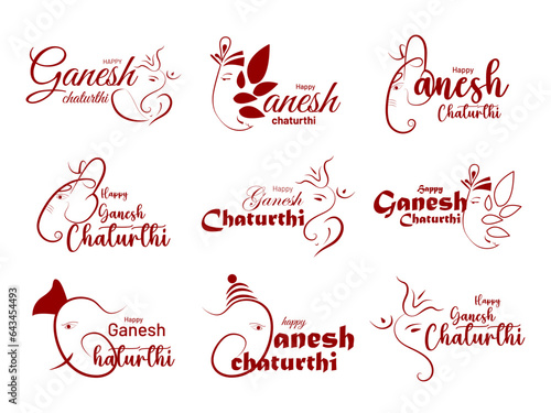 Vector Illustration Set of 9: Celebrate Indian Festival Ganesha Chaturthi with Badges, Emblems, and Stickers