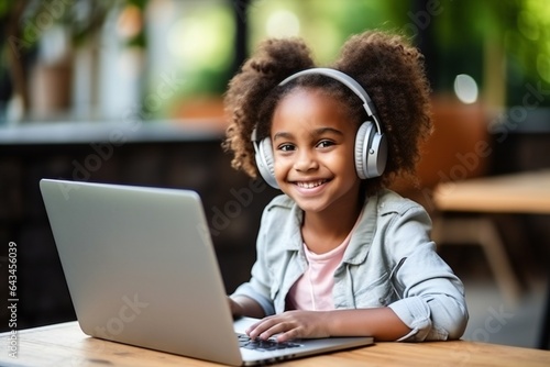 African american kid girl online learning on computer. Cute mixed race child wearing headphones distance studying online class . Virtual remote school for children concept.
