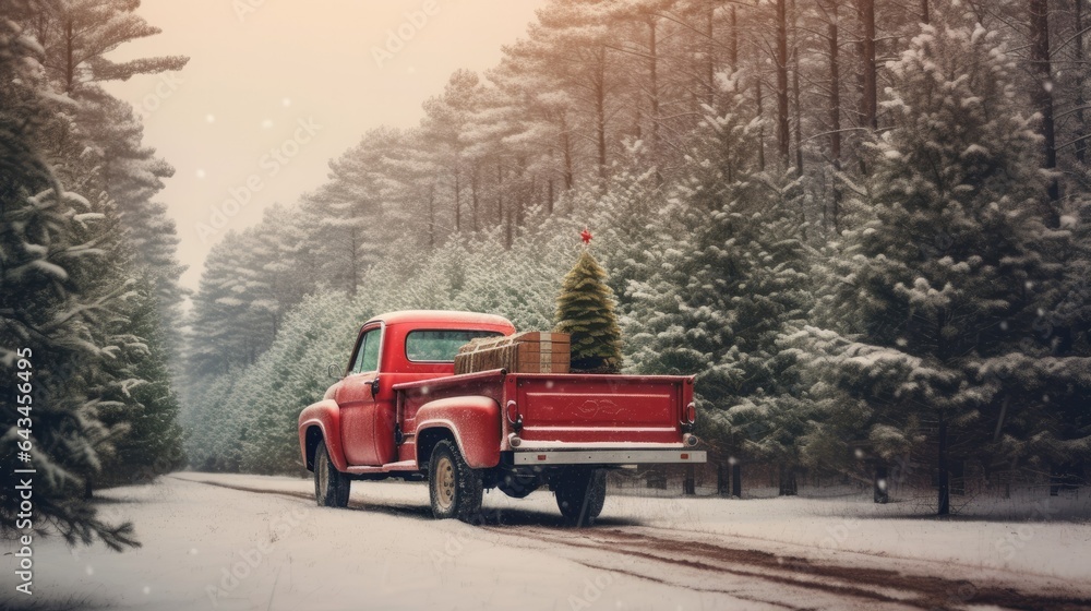 red truck car carrying christmas tree.winter season
 - obrazy, fototapety, plakaty 