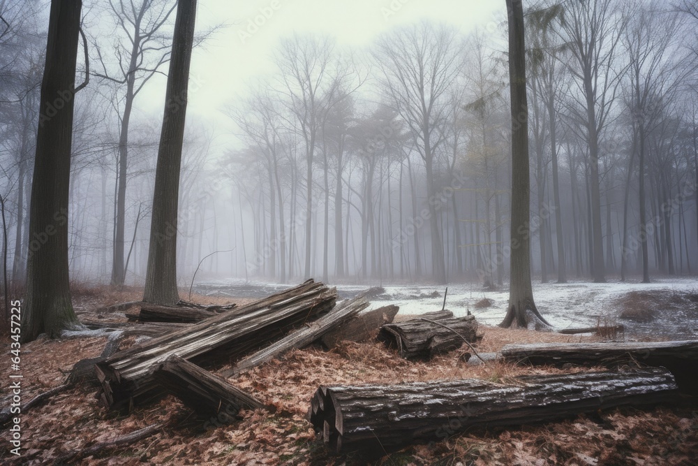 Wooden Tree Felled, Snowy Landscape, Top Down Perspective. felling tree. winter season Wooden Tree Felled, Snowy Landscape, Top Down Perspective. felling tree. winter season