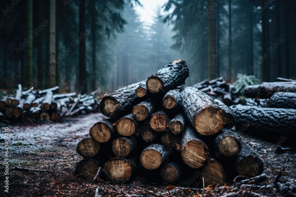 wooden felled tree in an winter snow forest. felling tree.