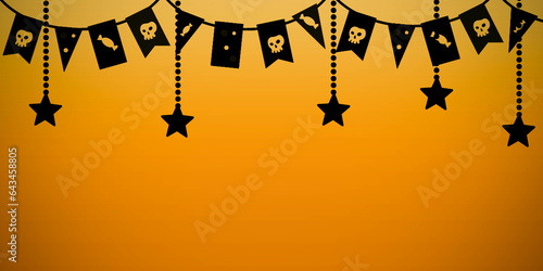 Happy Halloween. halloween background. black spiders cobweb and bats, scary pumpkins, serpentine and confetti on orange background..