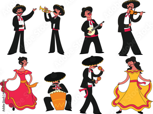 mexican mariachi band, traditional hispanic music group latin men playing instruments woman dancing.