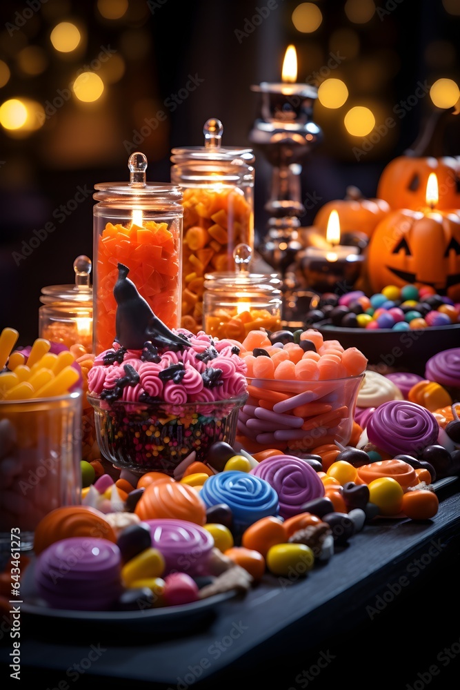 Table full of sweets decorated for halloween Generative AI