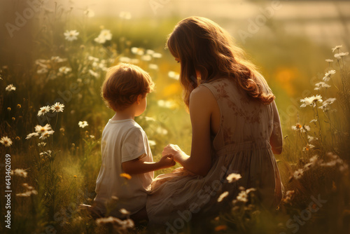portrait of mother and her kid, nature background