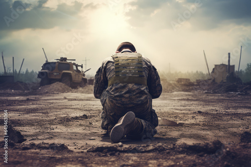 soldier praying in military battle field