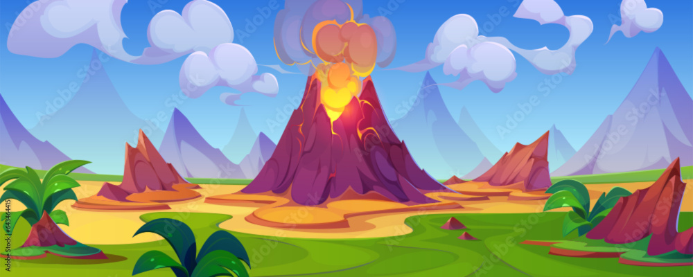 Volcano eruption - cartoon vector illustration of landscape of rocks with exploding and flowing lava and magma, green grass and plants, mountains and sky with clouds. Prehistoric tropical scenery. Volcano eruption - cartoon vector illustration of landscape of rocks with exploding and flowing lava and magma, green grass and plants, mountains and sky with clouds. Prehistoric tropical scenery.