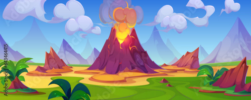 Volcano eruption - cartoon vector illustration of landscape of rocks with exploding and flowing lava and magma, green grass and plants, mountains and sky with clouds. Prehistoric tropical scenery.