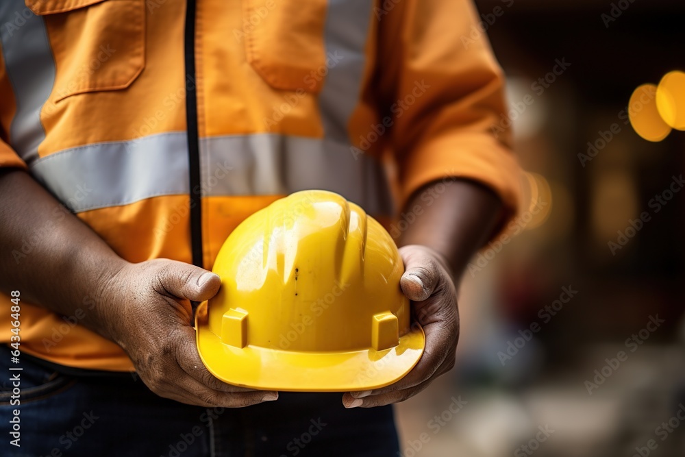 Close-up of a construction worker holding a hard hat in his hands.Generative Ai Close-up of a construction worker holding a hard hat in his hands.Generative Ai