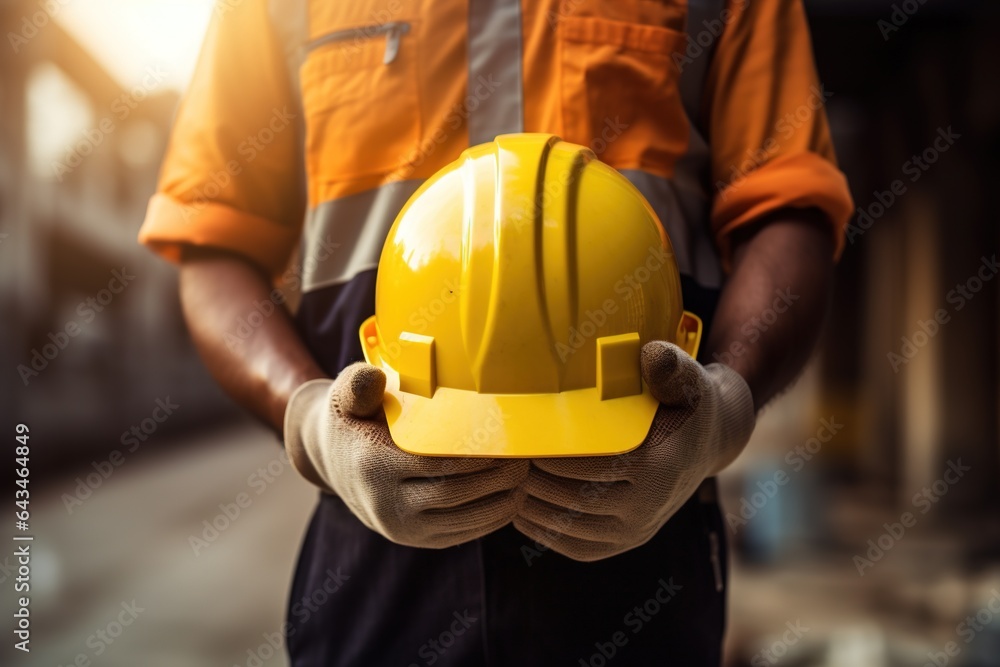 Close-up of a construction worker holding a hard hat in his hands.Generative Ai Close-up of a construction worker holding a hard hat in his hands.Generative Ai