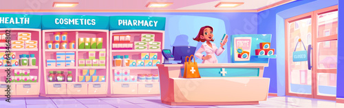 Pharmacy drug store interior vector illustration. Pharmacist character near counter in drugstore with medicine. Pharmaceutical pill treatment product in hospital sale by professional worker design