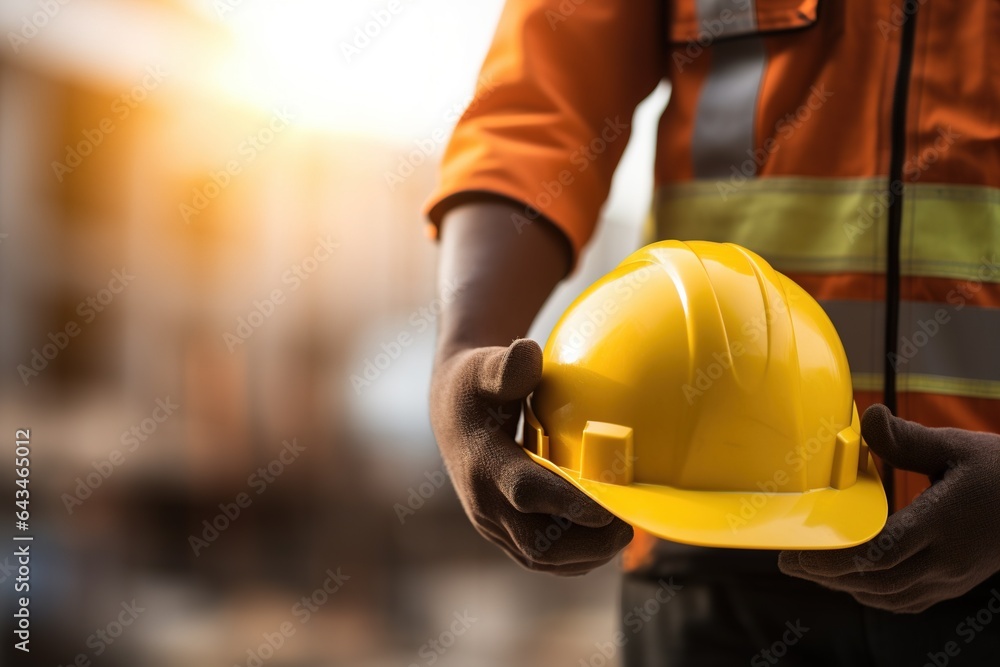 Close-up of a construction worker holding a hard hat in his hands.Generative Ai Close-up of a construction worker holding a hard hat in his hands.Generative Ai