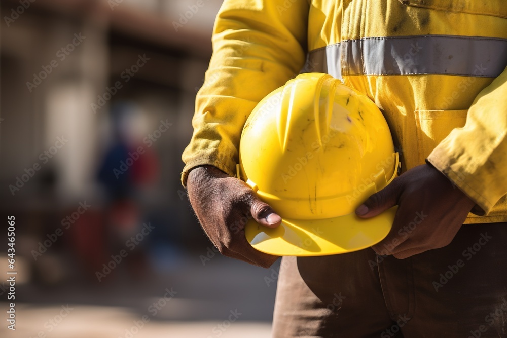 Close-up of a construction worker holding a hard hat in his hands.Generative Ai Close-up of a construction worker holding a hard hat in his hands.Generative Ai