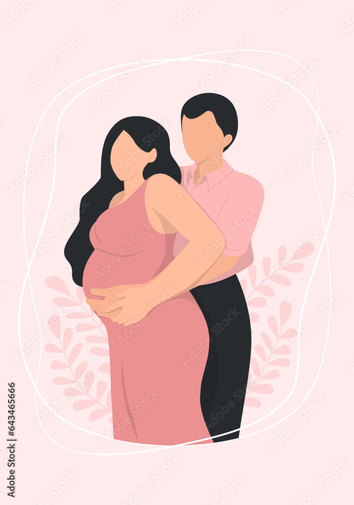 Husband is embracing his pregnant wife from behind and touching her belly Husband is embracing his pregnant wife from behind and touching her belly