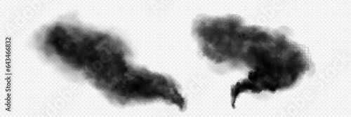 Black cloud smoke and ash swirl transparent isolated vector. Smog explosion tornado trail effect. Abstract realistic dark grey fog movement in atmosphere. 3d destruction fume or storm motion element