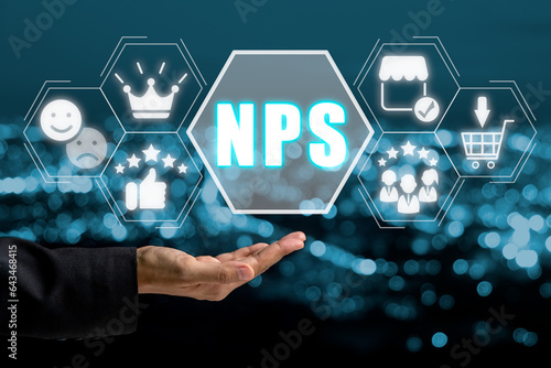 Obraz na plátně NPS, Net promoter score concept, Business woman hand holding net promoter score icon on virtual screen